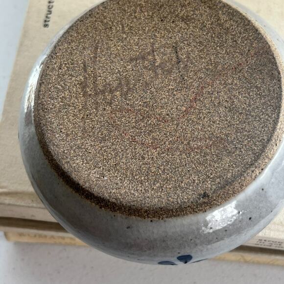 Studio Art Pottery Handmade Soup Bowl Handled Blue Striped Signed 5" X 3" - Picture 8 of 16